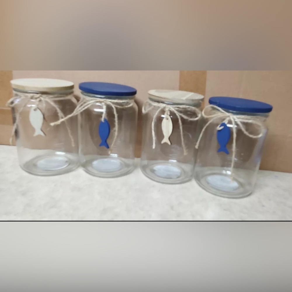 4pk Clear Novelty Glass Jar Canisters Natural & Blue Fish Charm Beach Ocean 25oz